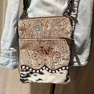 Embossed Leather Paisley Crossbody Bag with Cow-hair Accent - Cream/Brown